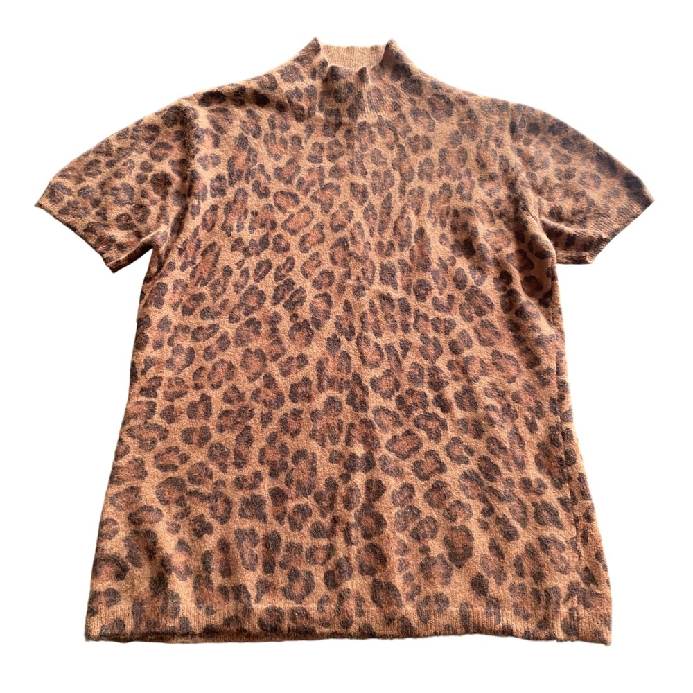 Mendocino Vintage Angora Leopard Print Short Sleeve Mock Neck Sweater Small 90s